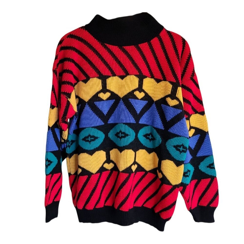 Vintage 90s Adele Knitwear Heart Geometric Statement Sweater Made USA Medium - Picture 7 of 8
